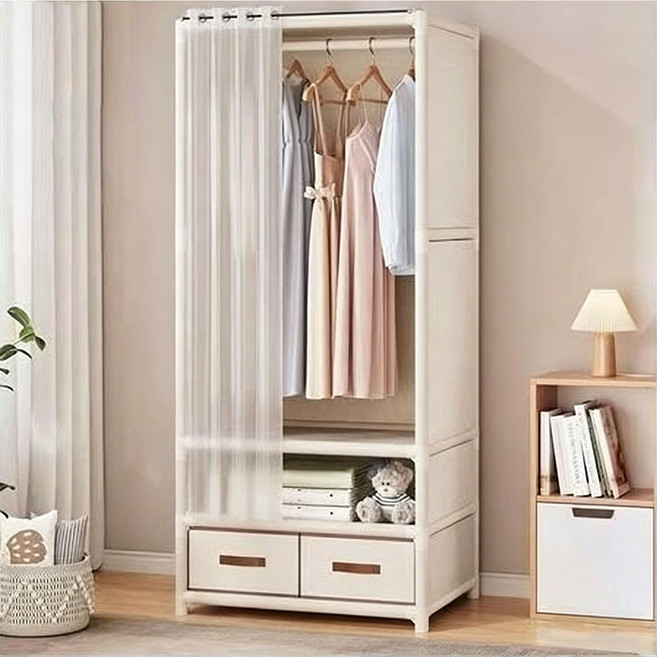 日系簡易衣櫃 家用臥室多層收納櫃 帶抽屜大容量防塵掛衣架 開放式衣櫥, 【無抽屜款】-單排-星空白-衣櫃,限时活动价【多层大容量】, 星空白