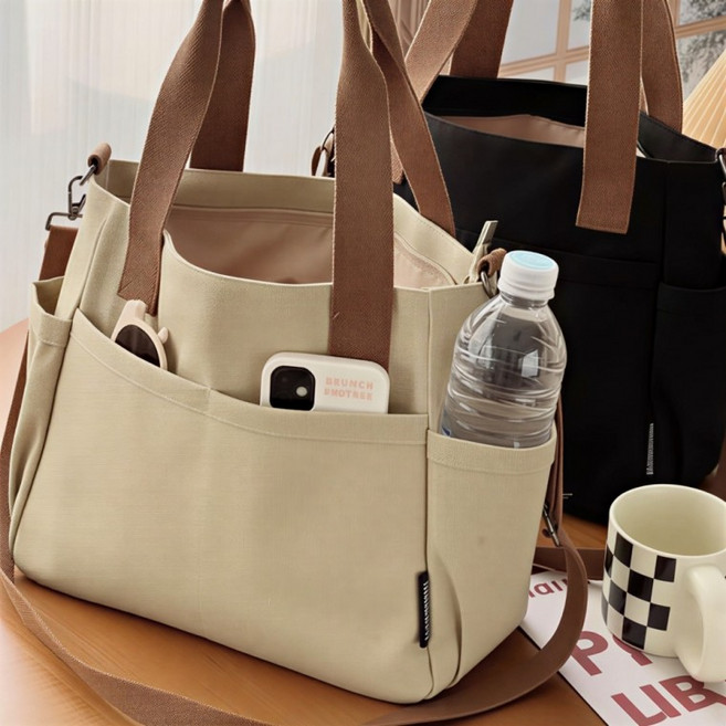 [스마트 빌드]사각 캔버스백 포켓 숄더백 크로스끈포함 텀블러 가벼운 데일리 보부상가방 에코백
