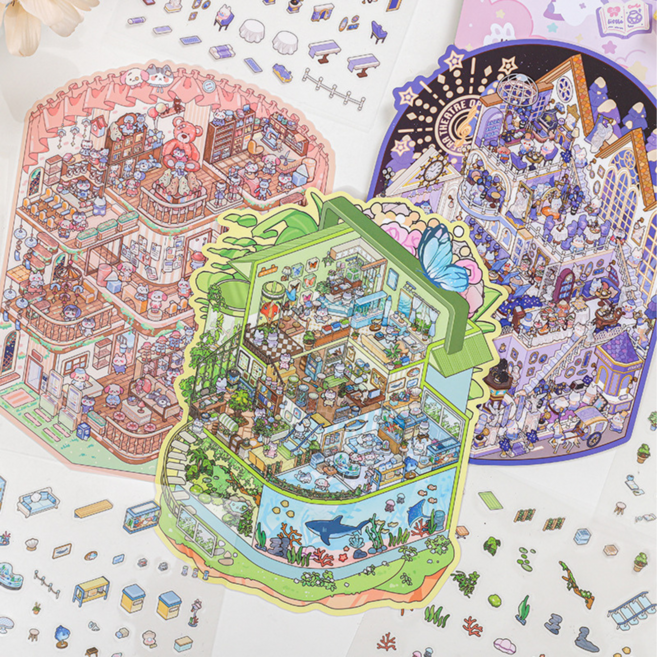 [마음의 힐링 정원] 미니어스 타운 5.0 3D 감성 꾸미기 스티커 빅사이즈 3종 세트 (핀셋증정), 1세트