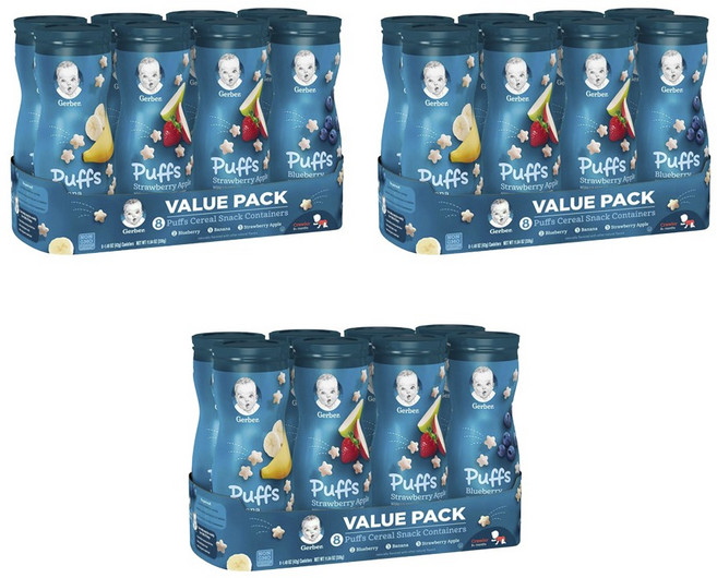거버 어린이 퍼프 시리얼 스낵 컨테이너 밸류 팩 42g, 블루베리+바나나+딸기+사과, 24개입