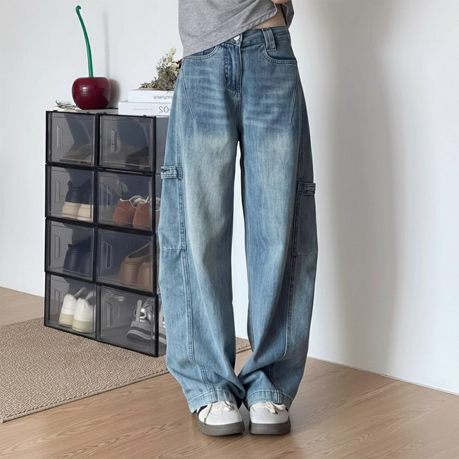 UPPERCUT 여성 하이웨스트 빈티지 와이드 데님 팬츠 루즈핏 청바지