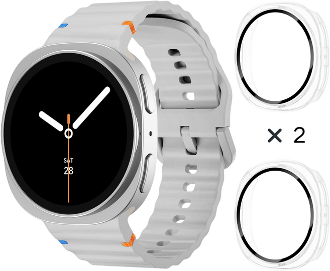 데일리피 갤럭시워치 호환 실리콘 컬러풀한 스티치 스트랩 8/7/6/6클래식/5/5프로/4/4클래식+PC 케이스 2개, 연한 그레이/투명