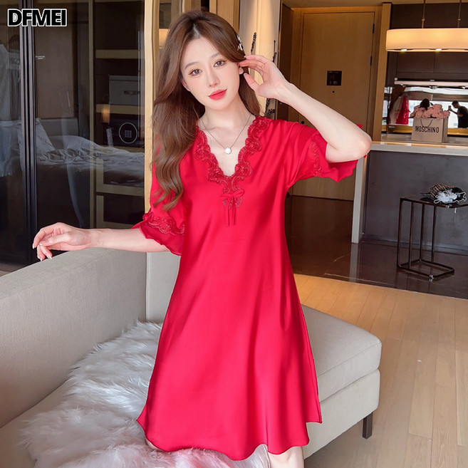 DFMEI 春夏季絲綢睡裙性感蕾絲邊甜美荷葉邊短袖冰絲空調房睡衣