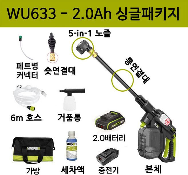 WORX 웍스 WU633 무선 고압 리튬 세차기 20V 너구리해외쇼핑 분사 세차건 세척기, 2.0Ah 싱글패키지