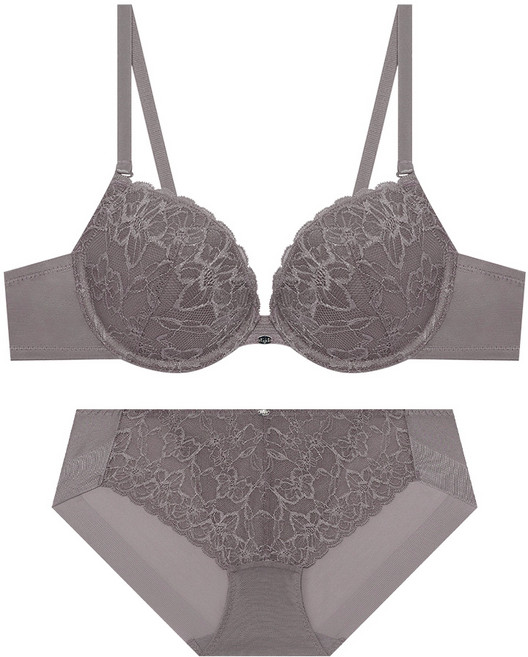 엘르이너웨어 아델라 딥브이 레이스 브라 팬티 세트 - 로지그레이