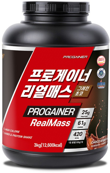 프로게이너 리얼매스 그레인초코 마른체형 벌크업 체중증가 곡물 탄수화물 단백질쉐이크 하드게이너, 1개, 3kg