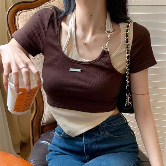 pusumede 夏裝不規則假兩件掛脖短袖T恤女 設計感chic上衣 甜辣短款辣妹上衣