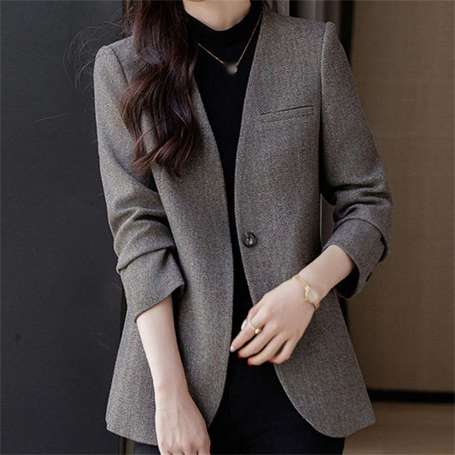 AOKADA 여성 봄 가을 슬림핏 노카라 세미 정장 자켓 오피스룩