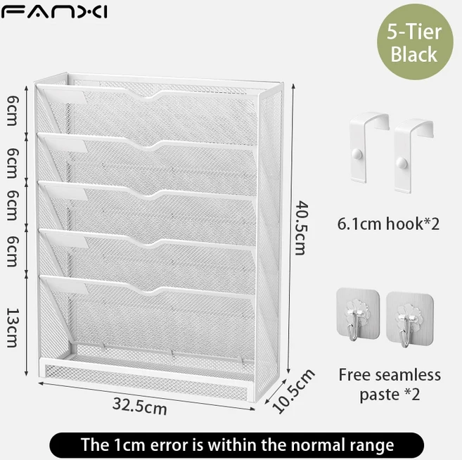 벽걸이형 파일 정리함 사무실 메쉬 벽 홀더 카테고리 이름표가 있는 잡지 종이, 04 6-tier-white A