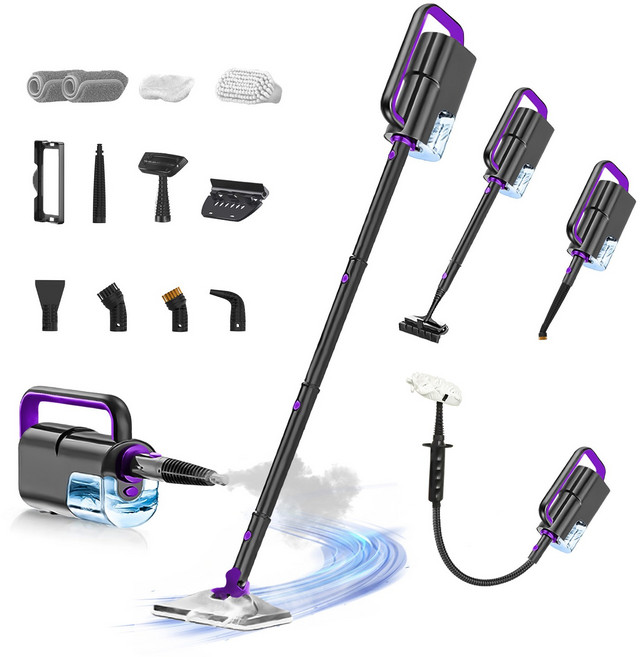 [2025년형] RichMagic 10in1 다용도 고온 스팀 청소기 차이슨 스팀 물걸레 청소기 2단 조절 7m 코드선 10초 즉열 350ml 물통 스틱 길이 조절 건조 방지 알림, 자흑색