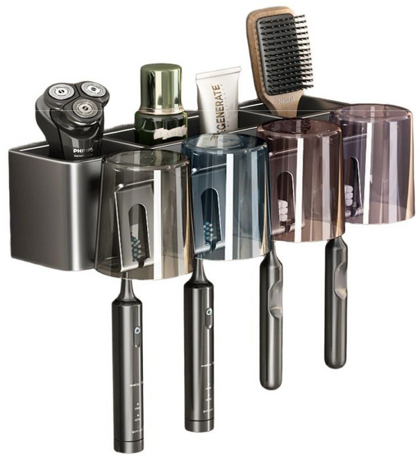 파워라이프 칫솔 걸이 양치컵 포함 3인용 4인용, 그레이 4인용 + 컬러 양치컵, 무타공 건메탈 칫솔 걸이