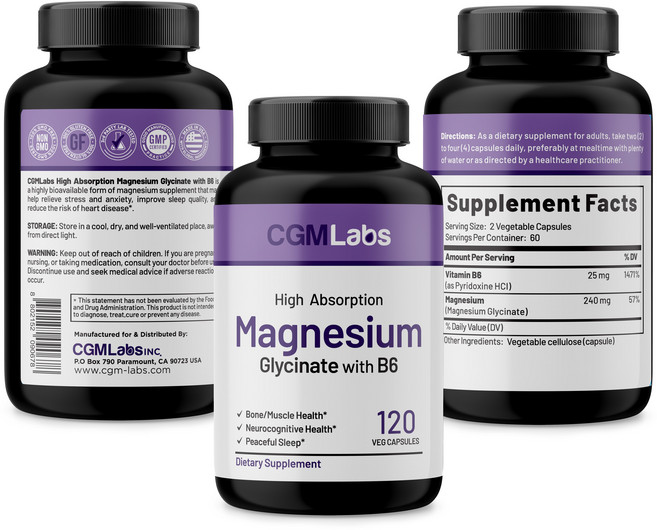 CGM Labs 마그네슘 글리시네이트+B6 120 식물성 캅셀, 3개, 120정