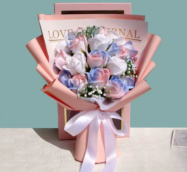 ONAKY 졸업식 장미 비누 꽃다발 + 선물상자 시들지 않는 졸업 선물, 핑크색