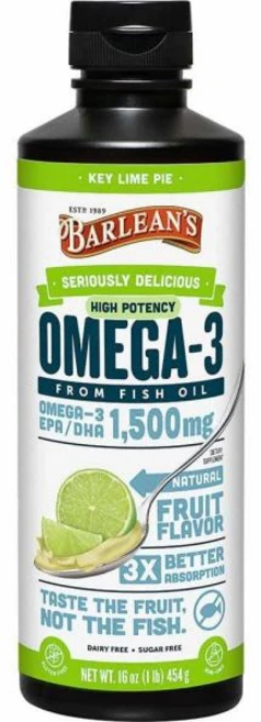 Barleans Omega 3 High Potency Fish Oil 발린스 시리어슬리 딜리셔스 오메가 3 라임 454g, 1개, 453g - 쿠팡