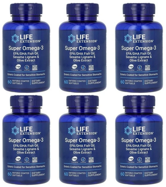라이프 익스텐션 슈퍼 오메가3 EPA/DHA 피쉬오일 참깨 리그난 & 올리브 소프트젤, 60정, 6개 - 쿠팡