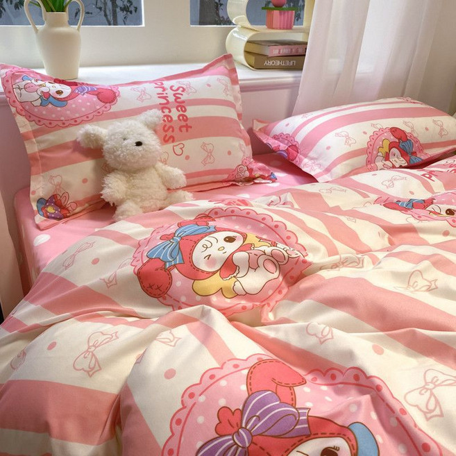 인스타 감성의 귀여운 고양이 캐릭터 핑크색 4종 침구 세트 체크무늬 침대 시트 3종 세트 이불 커버