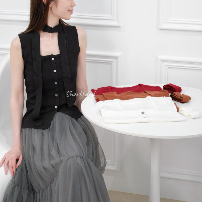 Sharkhead 上衣 無袖 背心 坑條 排扣 綁帶 粗肩帶 素色 方領