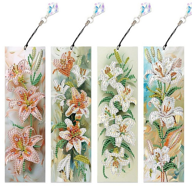 Focart 4팩 책 및 꽃 다이아몬드 페인팅 책갈피 키트 펜던트가 있는 특수 모양의 아트 DIY 수제 공예 홈 오피스 용품 애호가를 위한 독서 1848523, 백합.
