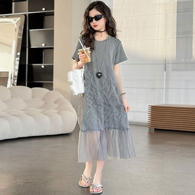 해피유통어린이 회색 반팔 레이스 원피스 패셔너블 캐주얼 스타일14세 이상 XG03