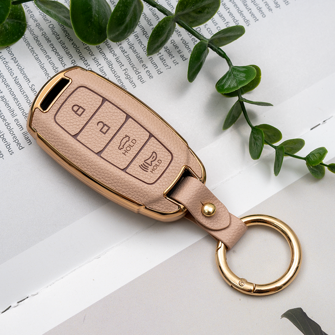 현대 펠리세이드 싼타페 TM CN7 i30 그랜져 IG 코나 호환 TPU 가죽 키케이스 키홀더 키링, 4버튼(TL29), 아이보리골드