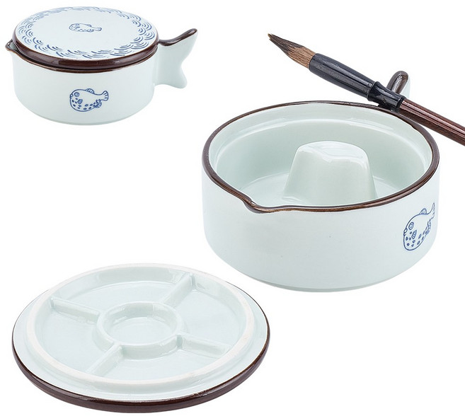 도자기 벼루 접시 손잡이 포함 서예 붓꽂이 137.5x102.5x52.5mm, 하늘색