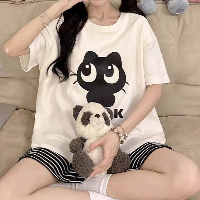 캡내장 고양이&레터링 반팔 파자마세트 여름잠옷 2컬러