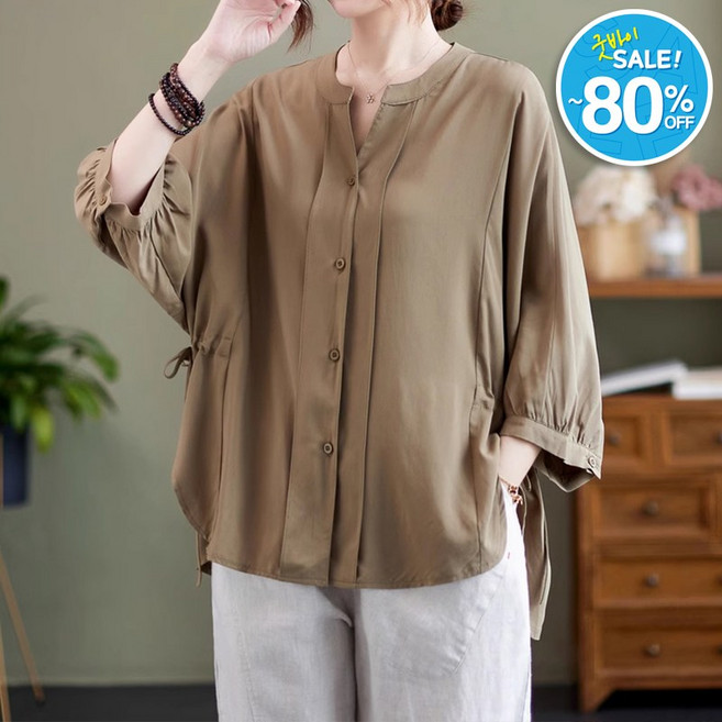 퀸앤조이 슬러핑 텐셀 브이넥 허리 스트링 7부 블라우스***판매자 SSK무역***