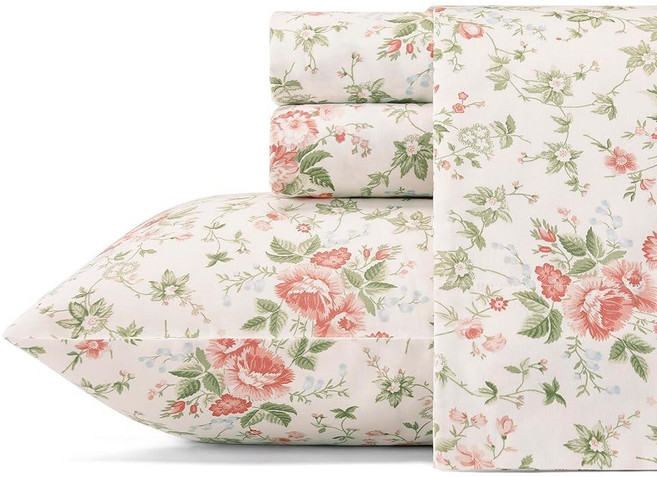 Laura Ashley Home 새틴 컬렉션 침대 시트 세트 실크처럼, Lilian Coral