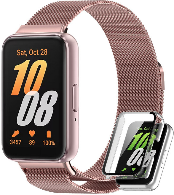 림스테일 갤럭시핏3 메탈 스트랩 + 액정보호형 풀커버 케이스, 핑크