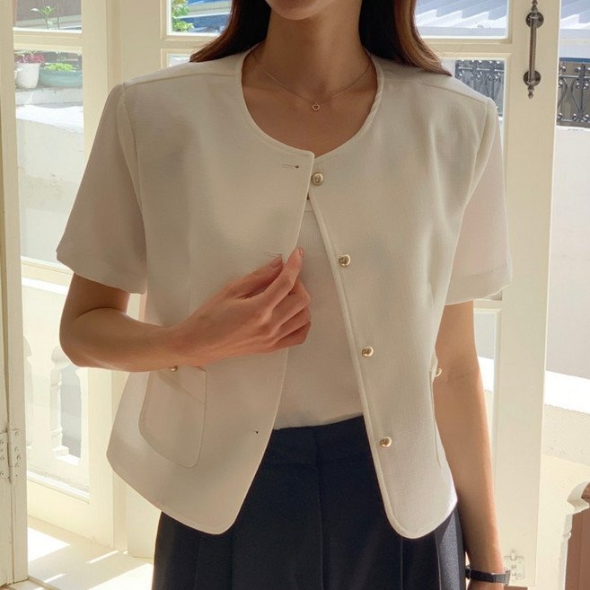 패피샵 여성 통기성좋은 노카라 반팔 자켓 하객룩