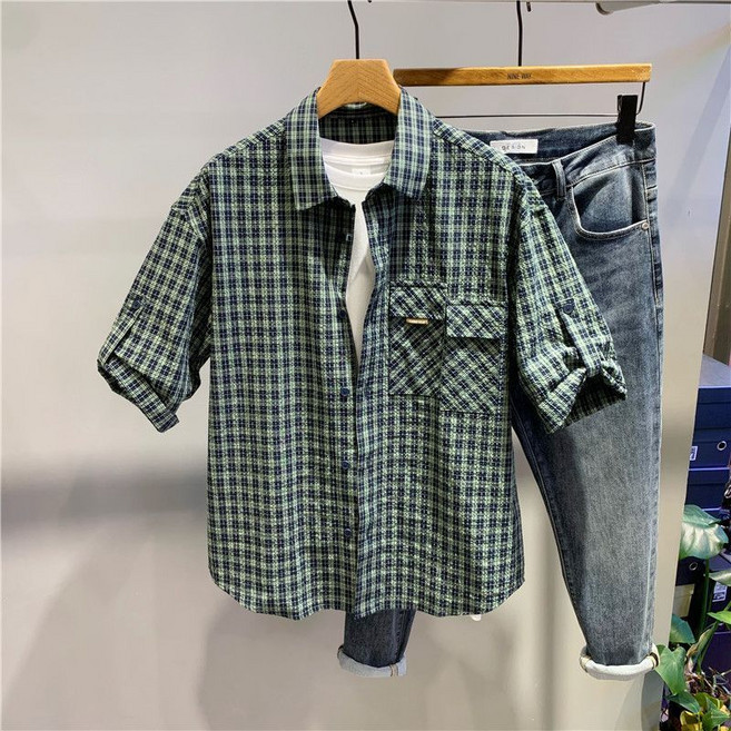 男士夏季格子工裝襯衫, 1個, 綠色2XL