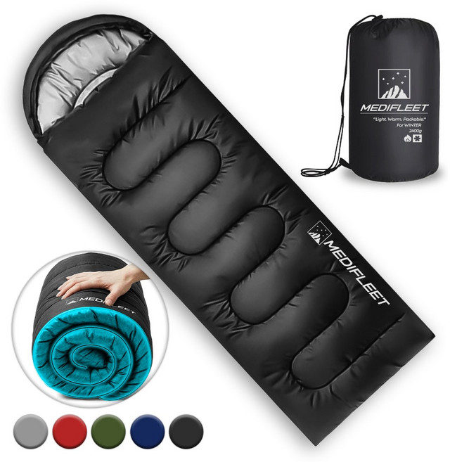 메디플릿 겨울용 머미형 야외 캠핑 침낭 + 수납가방, 1개, 스모키 블랙 (2400g)