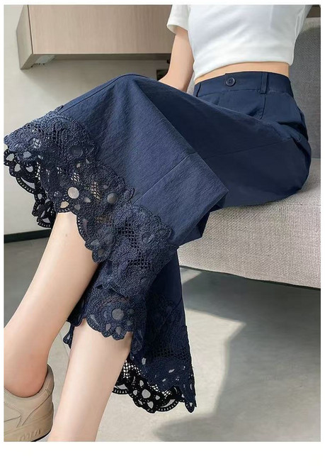 MAKABORO 여성 8부 9부 3단기장 와이드 팬츠 슬랙스 여름 얇은 통기성 레이스 여름 팬츠 데일리룩