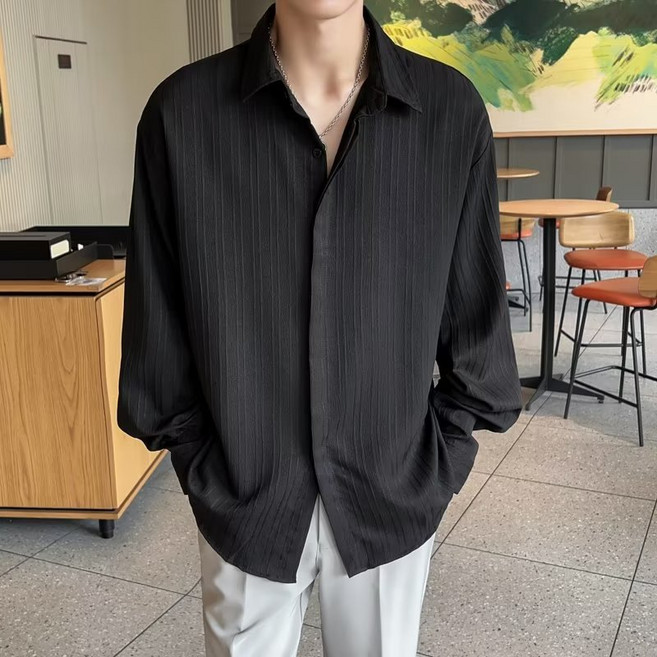 ANYOU 남성 봄여름 드레이프 컷 롱 슬리브 셔츠 질감 디자인 통근 외투