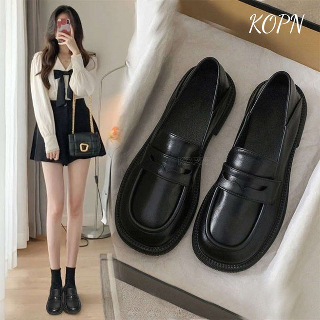 KOPN 빈티지 블랙 단화 르푸슈즈 여성 영륜풍 연피 춘추 양신 작은 구두녀