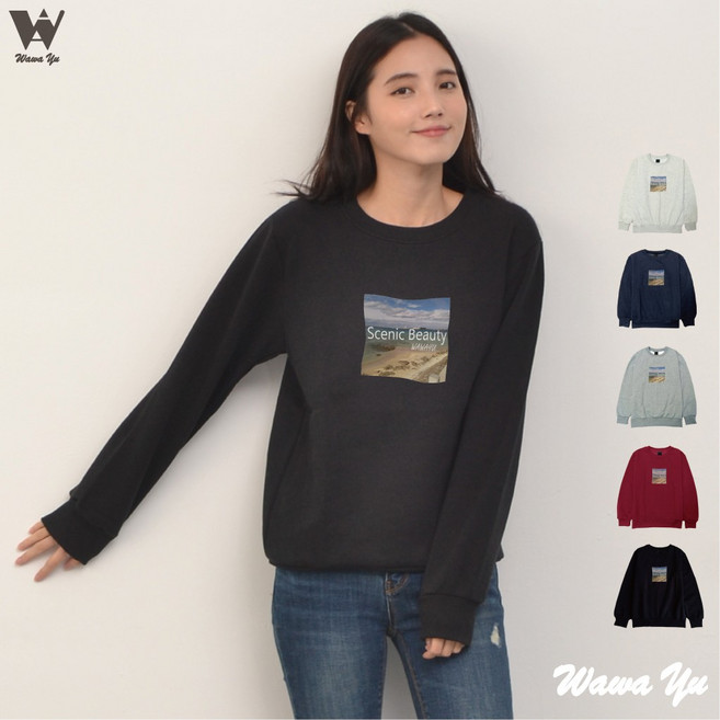 Wawa Yu 大學T-不起毛厚棉長袖圓領上衣 女版美好風景