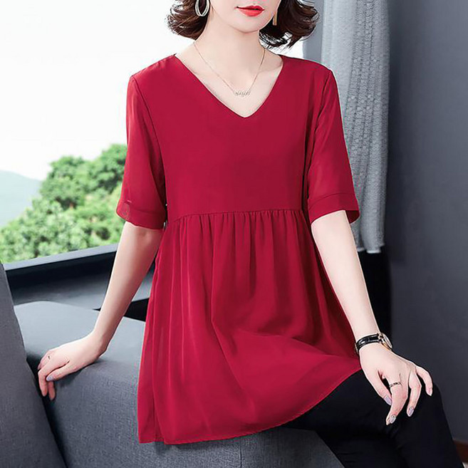 ROYALBELLE 여성 V넥 A라인 반팔 블라우스 루즈핏 데일리 하프기장 시폰 티셔츠 V032527