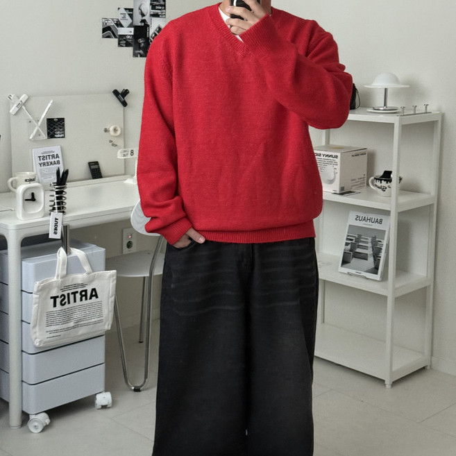 르위 스판 브이넥 울니트 연말 크리스마스 스웨터 오버핏 파스텔 남녀공용