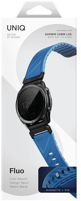 UNIQ FLUO Garmin 워치 밴드 22mm - 탈착식 커넥터가 있는 마그네틱 실리콘 스트랩 Garmin 스마트워치용 안전한 조절 가능한 핏 - 블루