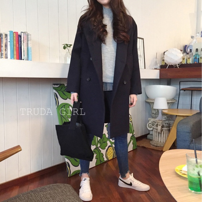 韓版修身雙排扣加厚大衣外套