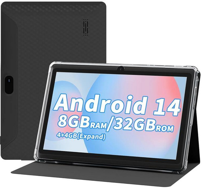 Aheadthink 7인치 Andaroid 14 태블릿 8GB RAM 32GB ROM 1TB 확장 쿼드 코어 프로세서 듀얼 카메라 블루투스 Wi-Fi 6 3000mA