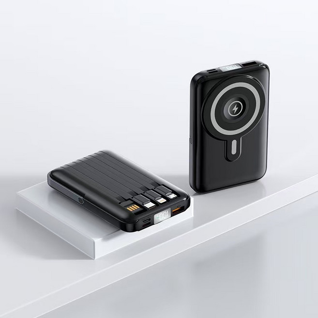 行動電源 磁吸無線充 自帶線 支架 數顯, 復古黑【三合一★超級快充】 10000毫安, 快充 磁吸 無線充 自帶線 1/2萬毫安 移動電源 充電寶 支架 大容量