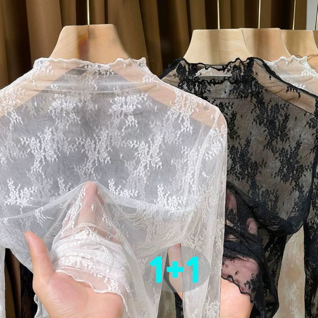 JUSTFEELING 1+1 고급스러운 원목 프릴 레이스 레깅스 이너티 시스루 반폴라 망사티 소프트 쫄티