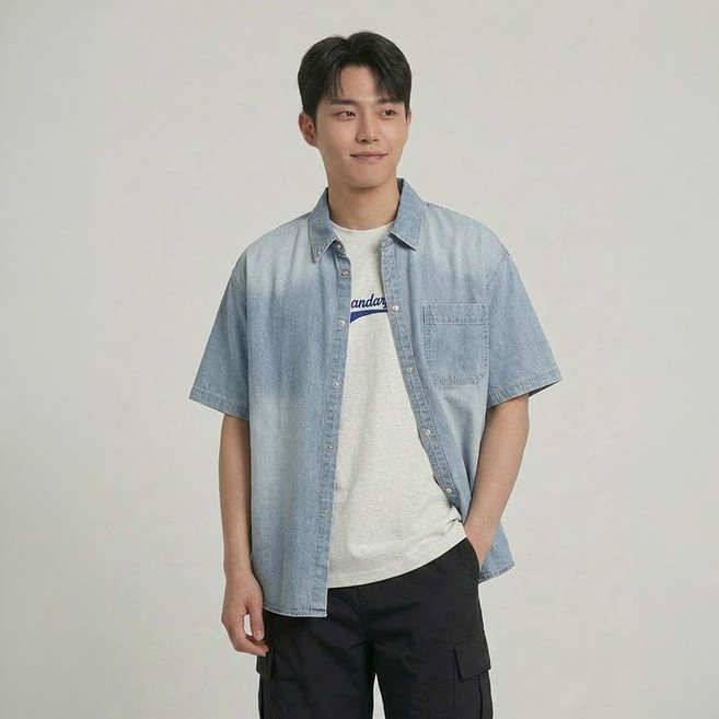 행텐 행텐 남성 오버핏 데님 하프 셔츠_201(10570-020-404-10)