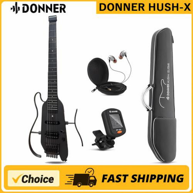 어쿠스틱기타 미니사이즈 통기타 Donner HUSH-X 헤드리스 사일런트 어쿠스틱 일렉트릭 여행용 기타 탈착식 프레임 초경량 마호가니 솔리드 바디 HUSH X, 1)Black