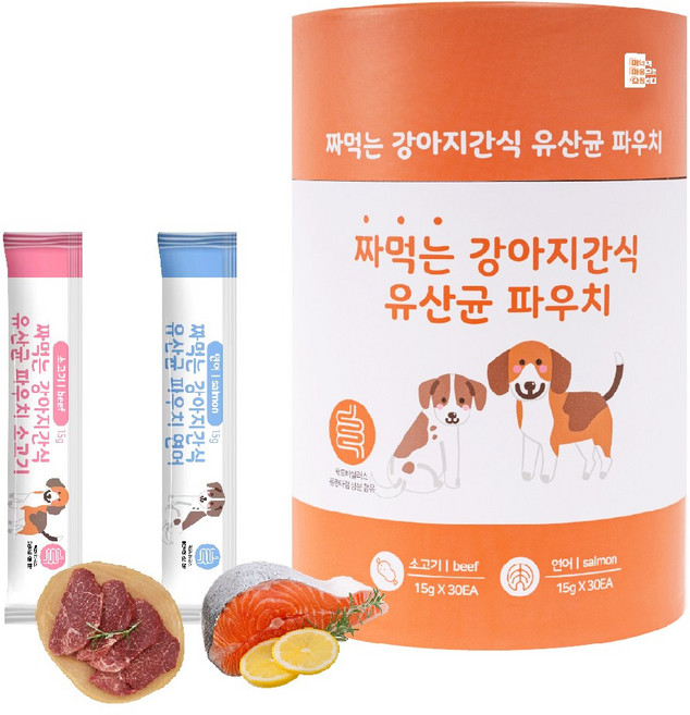 마마쇼 짜먹는 유산균함유 대용량 강아지간식 15g 소고기+연어 60개입, 강아지유산균간식 15g 소고기+연어 60개입