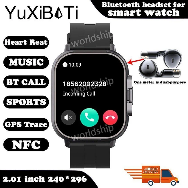 TWS 2in1 스마트워치 헤드폰 내장 스포츠 시계 블루투스 헤드셋 통화 남성 건강 모니터 NFC 여성 이어버드, Black - 쿠팡