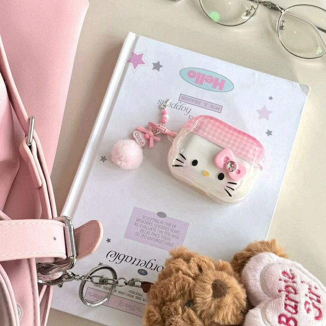 키링포함 리본 고양이 에어팟 케이스, 1세트, 핑크, 에어팟프로3