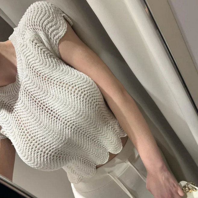 夏季時尚設計感修身鏤空圈圈紗針織短袖上衣