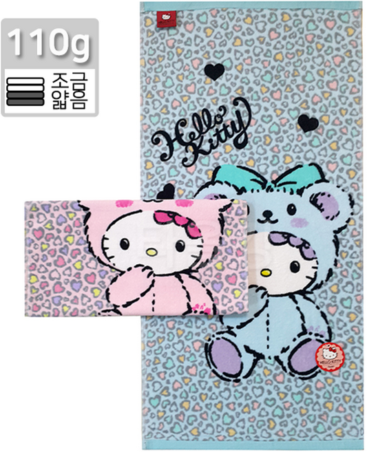 레오파드 키티 세면 타올 세안 수건 타월 순면 코튼 캐릭터 어린이집 유치원 헬로키티, 분홍, 1개